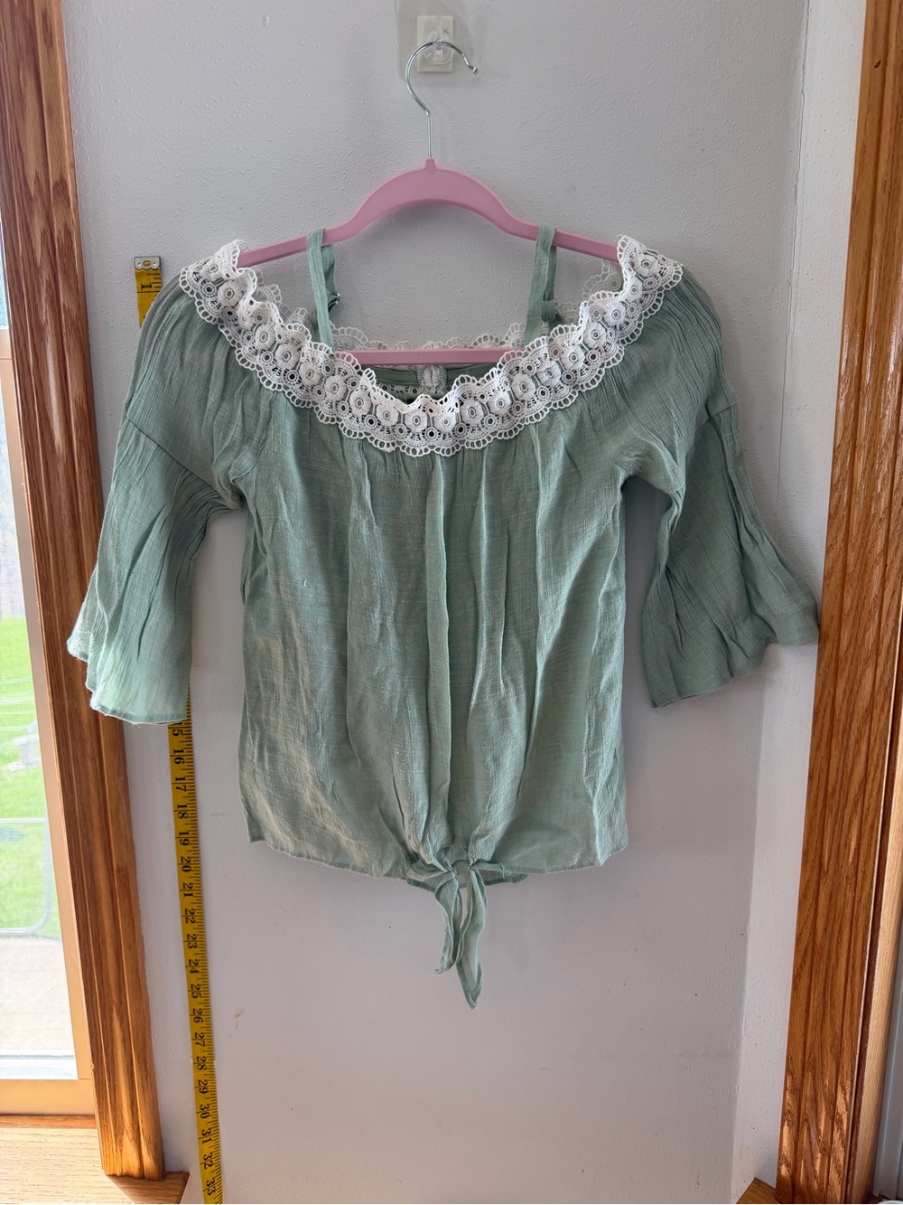 Boho Lace-Trim Tie-Front Women's Top in Sage Green
